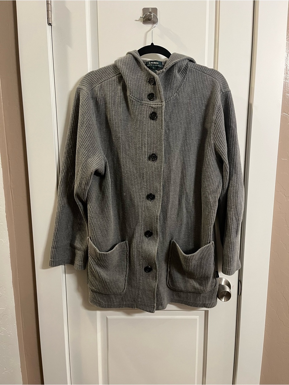 Ralph Lauren Gray Hooded Ribbed Button-Front Jacket